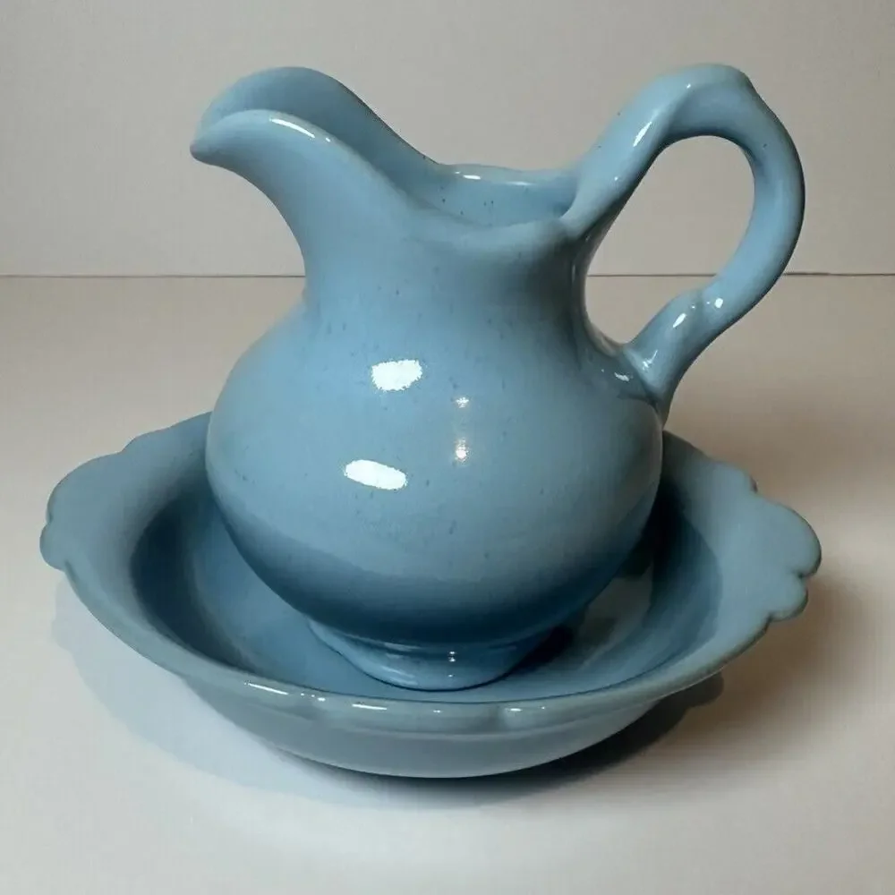 Vintage Robin Egg Blue Small Pitcher and Basin Frankoma 30A and B Art Pottery